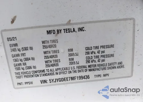 2021 Tesla Model Y Long Range Dual Motor All-Wheel Drive z USA, uszkodzony, nr VIN 5YJYGDEE7MF199436